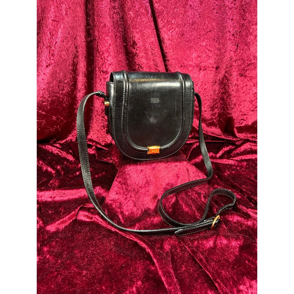 Vintage Black Leather Crossbody Bag - Small Saddle Purse - Bally Italy